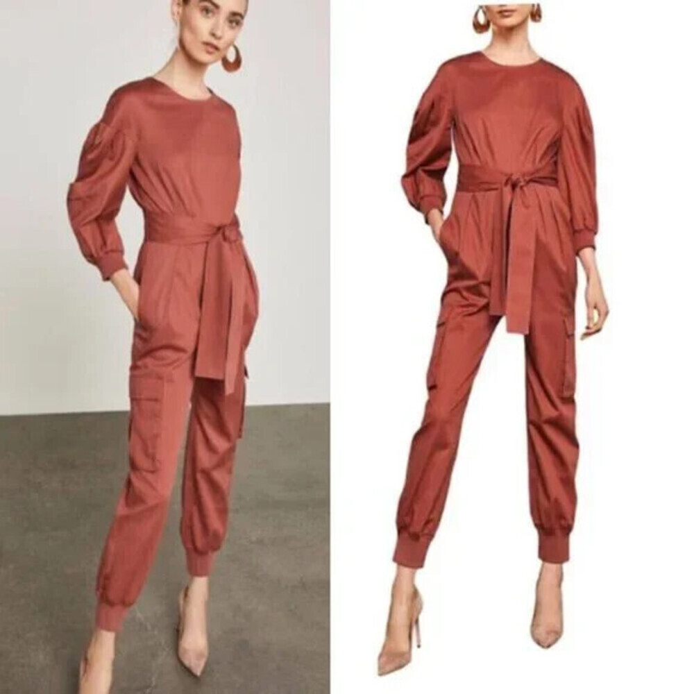 BCBGMAXAZRIA Pleated Cotton Jumpsuit Cargo Pockets Tandoori Spice Size XXS $348